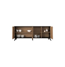 Buffet con 4 Puertas y Patas de Madera en Melamina Roble y Negro, 180x40x78,6 cm