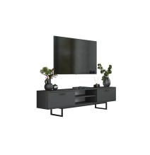 Mueble de TV con 2 Cajones y Estantes en Melamina Negra - Patas Metálicas Negras - 180x29.7x43.6 cm.