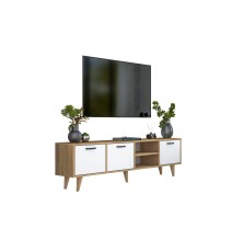 Mueble TV Color Blanco Nogal Melamina Natural - Patas Madera - 180x29.7x48.6 cm - 3 Cajones y Estantes.