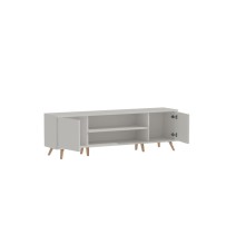 Mueble TV con Patas de Madera y 2 Amplios Cajones - Melamina Blanco - Madera 150x32x46 cm - Moderno y Espacioso.