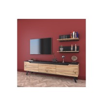 Mueble TV Completo en Melamina Color Roble y Negro, 180x35x48.5 cm, con 2 Estantes