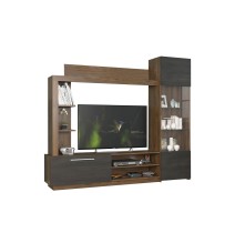 Mueble de Salón para TV Completo en Color Nogal y Wengüe, 204x35x177 cm, con Estantes y Almacenamiento - Diseño Moderno