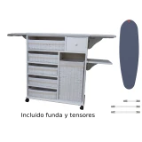 Mueble de plancha Estoril blanco 5 bandejas y cesto grande para ropa + funda y tensores